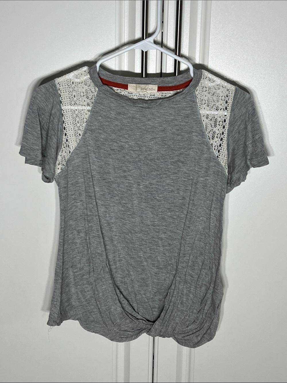 Rewind Grey Tee with White Lace Shoulder Panels